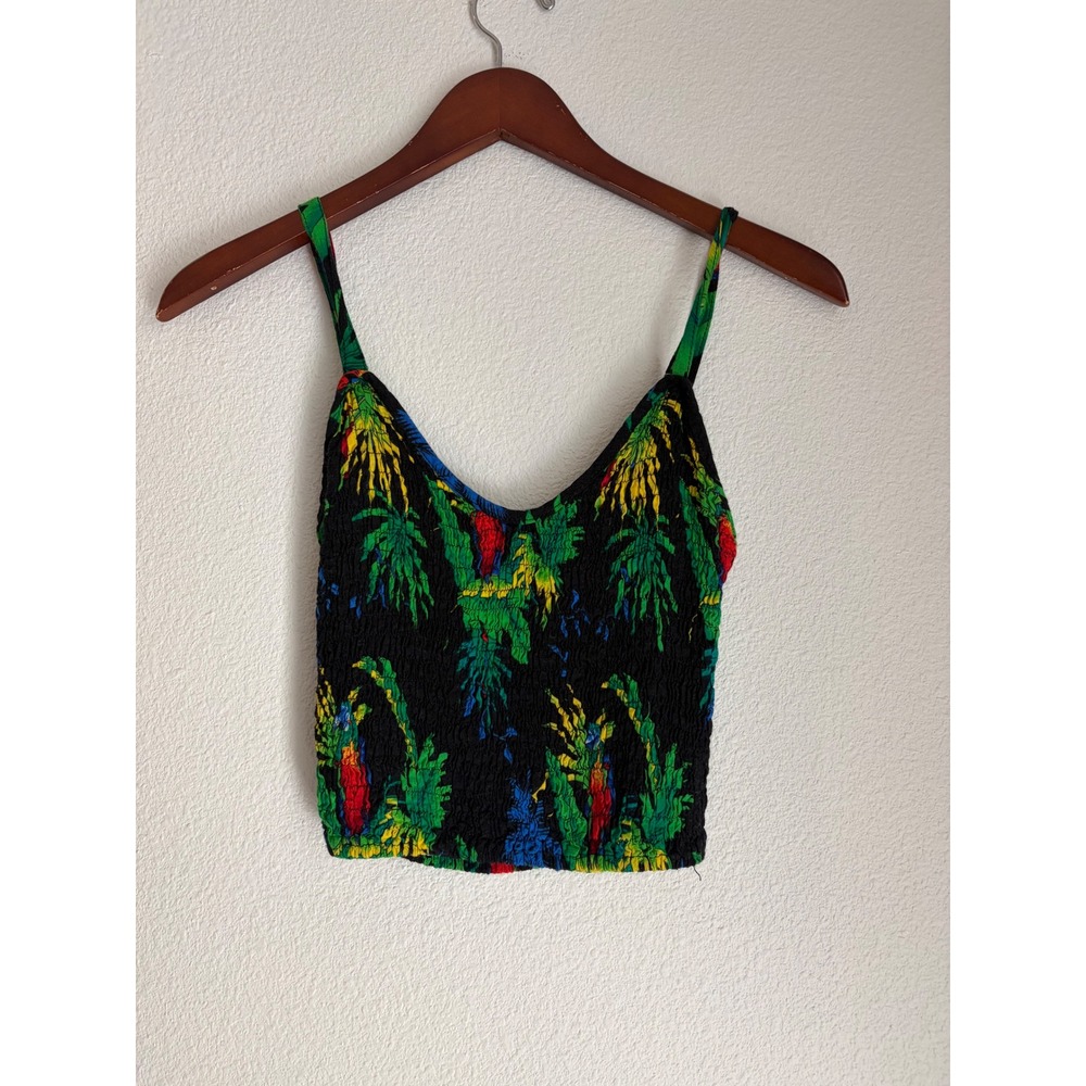 Banana Split USA Tropical Parrot Smocked Crop Top One Size Black Green Rayon